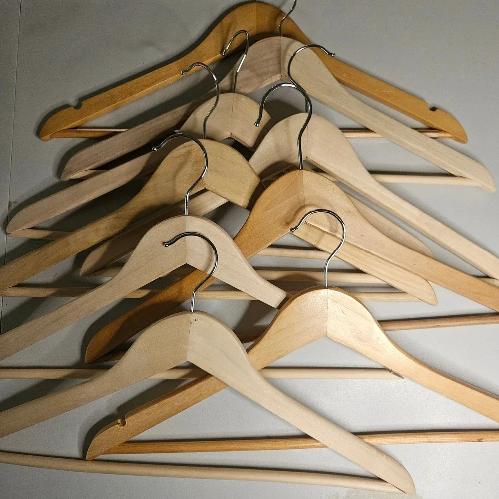 Lot of 8 Solid Wood Suit Hangers Natural Honey Finish Heavy Duty Contoured